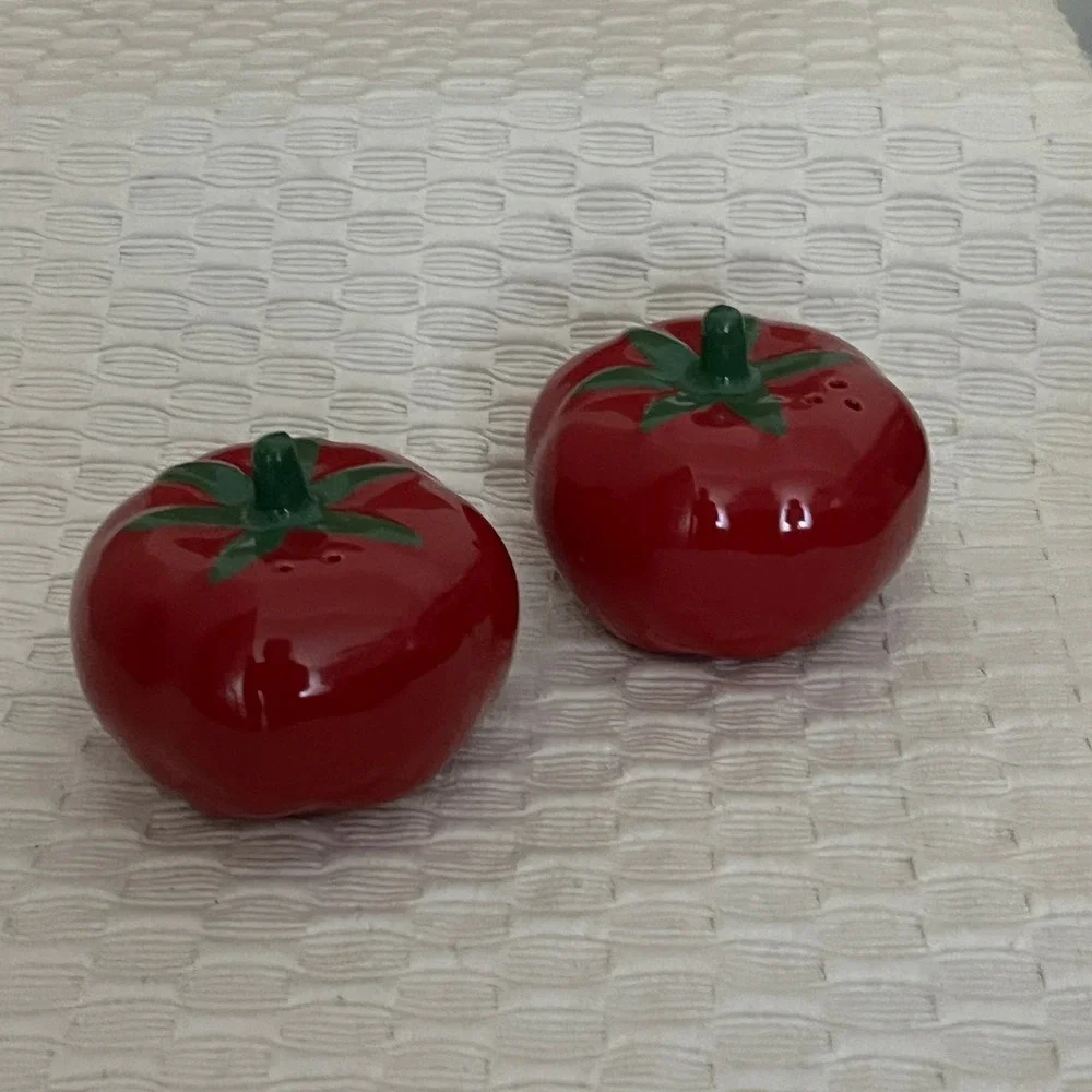 Vintage Red Tomato Salt and Pepper Shakers Ceramic Kitsch Cottagecore Decor Set